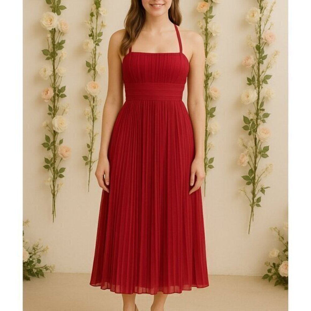 Fame & Partners Criss Cross Pleated Burgundy Midi Evening Dress Size 12 NWOT